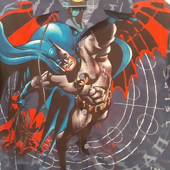 Vtg Batman Mens S Blue AOP Button Up Shirt Dc Comics Warner Bros - Picture 2 of 11